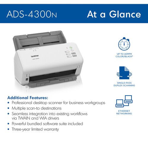 브라더 Brother ADS-4300N Professional Desktop Scanner