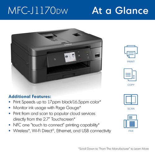 브라더 Brother MFC-J1170DW Wireless Color All-in-One Inkjet Printer