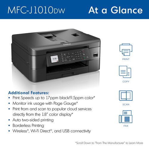 브라더 Brother MFC-J1010DW Wireless Inkjet All-in-One Color Printer