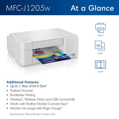 브라더 Brother MFC-J1205W INKvestment Tank Multifunction Color Inkjet Printer