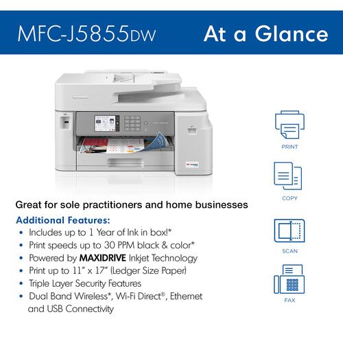 브라더 Brother MFC-J5855DW INKvestment Tank All-in-One Color Inkjet Printer