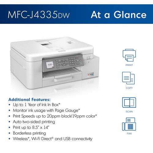 브라더 Brother MFC-J4335DW INKvestment Tank All-in-One Color Inkjet Printer