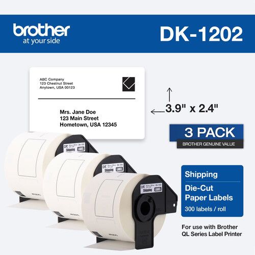 브라더 Brother DK1202 Die-Cut Shipping Paper Labels (White, 300 Labels, 2.4 x 3.9