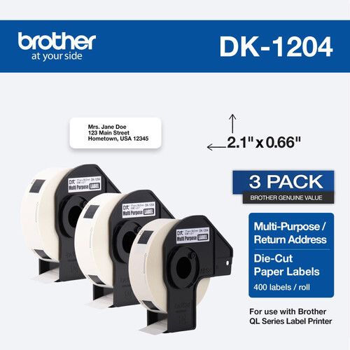 브라더 Brother DK1204 Multipurpose Die-Cut Paper Labels (White, 400 Labels, 0.66 x 2.1