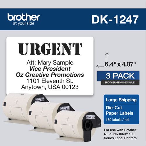 브라더 Brother DK1247 Large Shipping White Paper Labels (180 Labels, 4.07 x 6.4