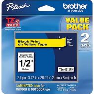 Brother Genuine P-Touch, TZe-6312Pk Tape ½” (12mm) 2-Pack Laminated P-Touch Tape, Black On Yellow Perfect for Indoor Or Outdoor Use, Water Resistant, 26.2 Ft. (8M)