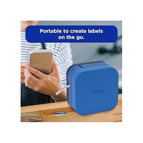 브라더 Brother P-Touch Cube Label Maker, Thermal, Inkless Printer for Home & Office, Portable Lightweight, Smartphone Bluetooth Wireless Compatible, Multiple Templates for iPhone & Android, PTP300BTBU, Blue