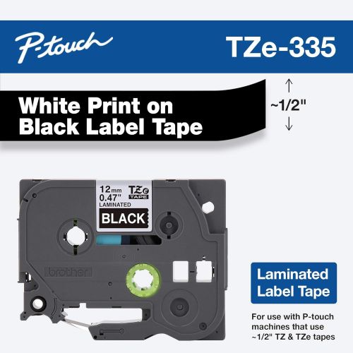 브라더 Brother Genuine P-touch TZE-335 Label Tape, 1/2 (0.47) Standard Laminated P-touch Tape, White on black, Laminated for Indoor or Outdoor Use, Water Resistant, 26.2 Feet (8M), Single