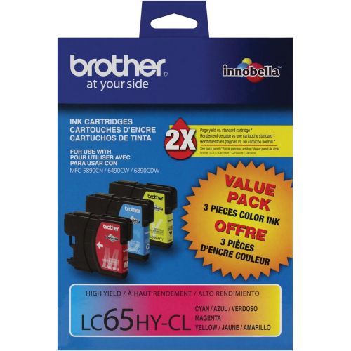 브라더 Brother LC65HYCL High-Yield 3-Pack Ink Cartridge, 900 Page-Yield, Cyan Magenta Yellow