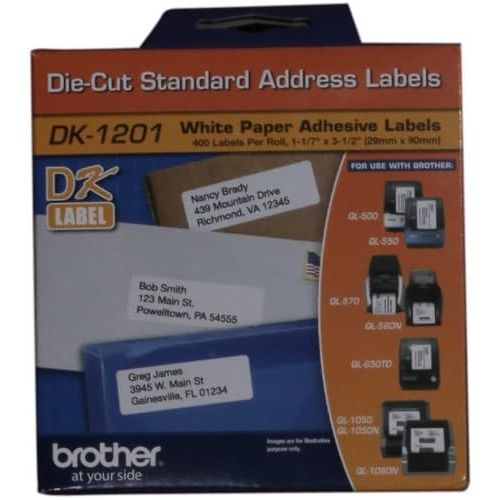 브라더 Brother Genuine DK-1201 Die-Cut Standard Address Labels  Long Lasting Reliability, Die-Cut Standard Address Paper Labels, 1.14” x 3.5” Individual Label Size, 400 Labels per Roll,
