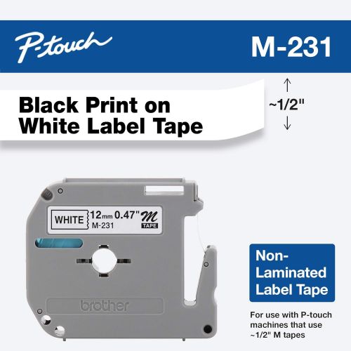 브라더 Brother Genuine P-touch M-231 Tape, 1/2 (0.47) Standard P-touch Tape, Black on White, for Indoor Use, Water Resistant, 26.2 Feet (8M), Single-Pack