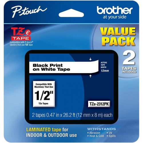 브라더 Brother Genuine P-touch, TZE2312PK, 1/2 (0.47) Standard Laminated P-Touch Tape, Black on White, Laminated for Indoor or Outdoor Use, Water Resistant, 26.2 Feet (8M), 2-Pack