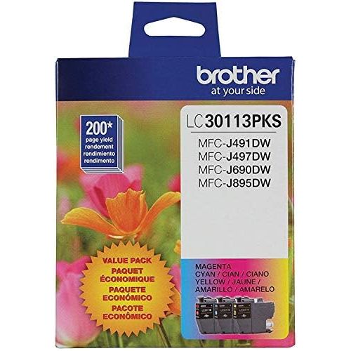 브라더 Brother Genuine LC30113PKS 3-Pack Standard Yield Color Ink Cartridges, Page Yield Up to 200 Pages/Cartridge Includes Cyan, Magenta and Yellow, LC3011