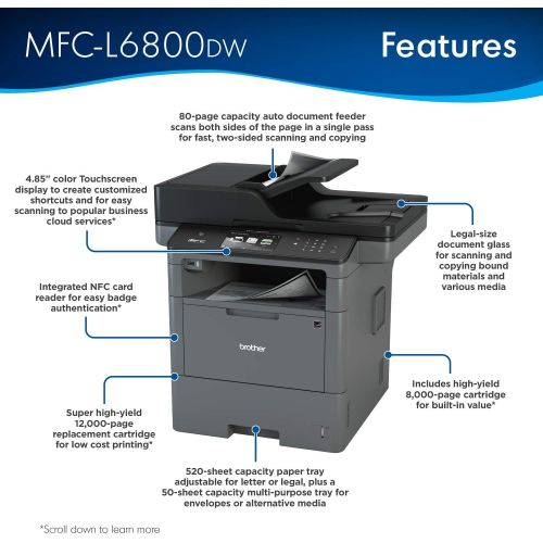 브라더 Brother Monochrome Laser, Multifunction, All-in-One Printer, MFC-L6800DW, Wireless Networking, Mobile Printing & Scanning, Duplex Print, Scan & Copy, Amazon Dash Replenishment Enab