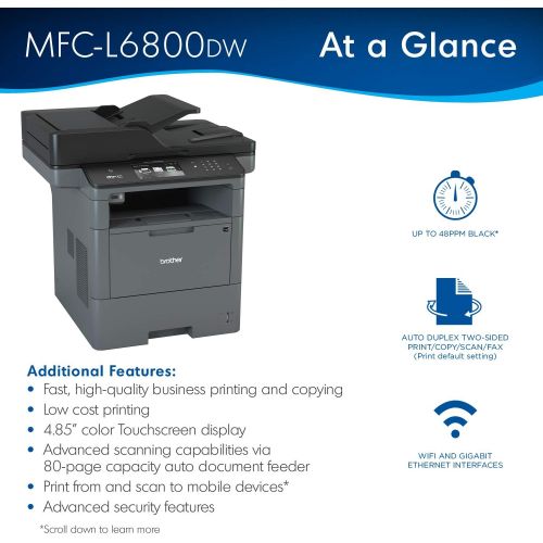 브라더 Brother Monochrome Laser, Multifunction, All-in-One Printer, MFC-L6800DW, Wireless Networking, Mobile Printing & Scanning, Duplex Print, Scan & Copy, Amazon Dash Replenishment Enab