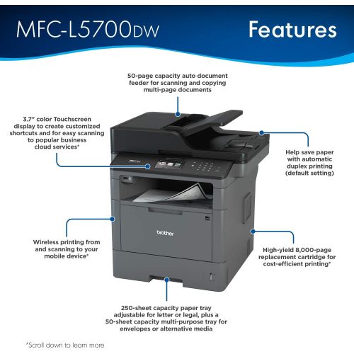 브라더 Brother Monochrome Laser Multifunction All-in-One Printer, MFC-L5700DW, Flexible Network Connectivity, Mobile Printing & Scanning, Duplex Printing, Amazon Dash Replenishment Enable