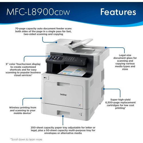 브라더 Brother MFC-L8900CDW Business Color Laser All-in-One Printer, Advanced Duplex & Wireless Networking, Business Printing, Flexible Network Connectivity, Mobile Device Printing & Scan