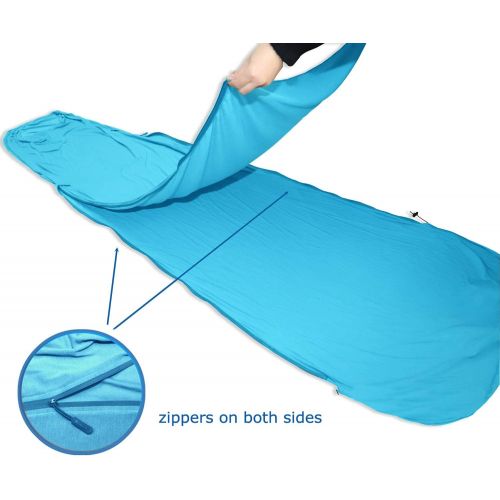  Browint Coolmax Travel Sheet with Zippers for Hotel, Summer/Warm Weather Sweat Wicking Sleep Sack for Adults, Mummy Sleeping Bag Liner for Camping, Rectangular with Pillow Pocket,
