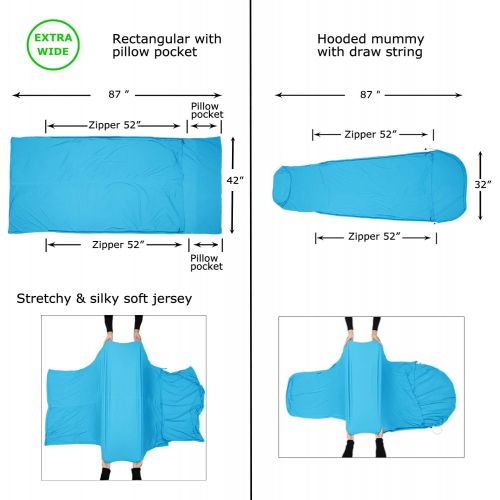  Browint Coolmax Travel Sheet with Zippers for Hotel, Summer/Warm Weather Sweat Wicking Sleep Sack for Adults, Mummy Sleeping Bag Liner for Camping, Rectangular with Pillow Pocket,