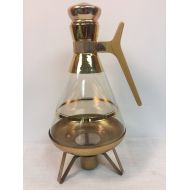 /Brownfieldvintage Mid Century glass coffee carafe 22 kt gold striped paint cork stopper and tripod goldtone warmer stand vintage glass coffee pitcher atomic