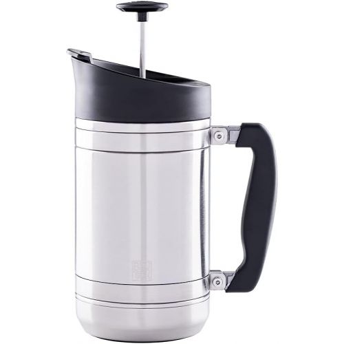 BruTrek BaseCamp Coffee Press - Double Wall Insulated Stainless Steel - Bru-Stop Technology, No Grounds in Coffee, No Spill Lid (Brushed Steel, 32 fl.oz)