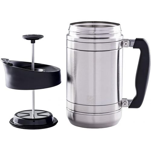  BruTrek BaseCamp Coffee Press - Double Wall Insulated Stainless Steel - Bru-Stop Technology, No Grounds in Coffee, No Spill Lid (Brushed Steel, 32 fl.oz)