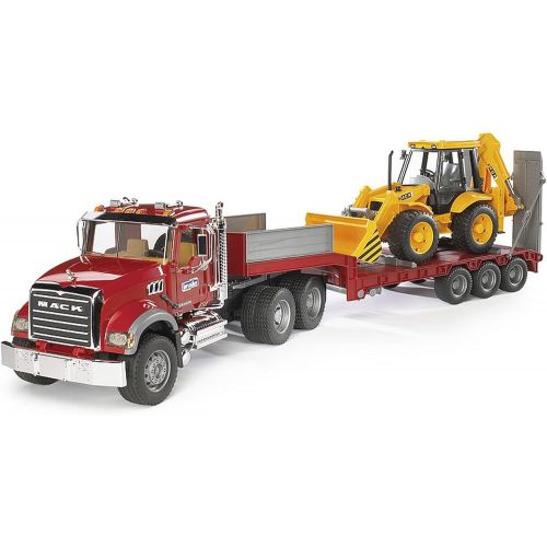  Bruder 02813 Mack Granite Flatbed Truck with JCB Loader Backhoe