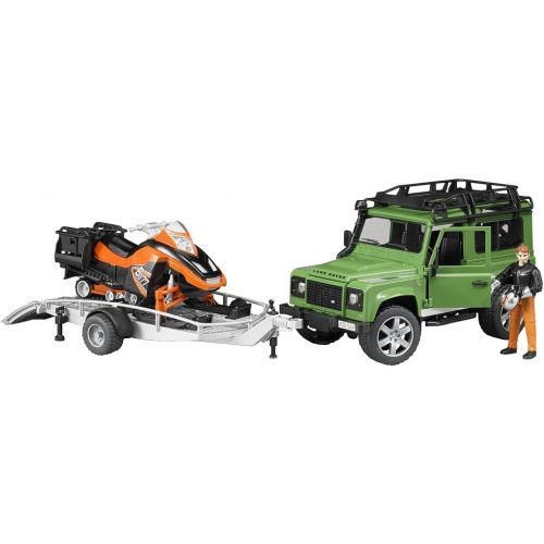  Bruder Toys Land Rover Defender w trailer snowmobile and DRIVER