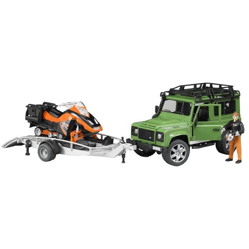  Bruder Toys Land Rover Defender w trailer snowmobile and DRIVER