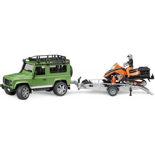  Bruder Toys Land Rover Defender w trailer snowmobile and DRIVER