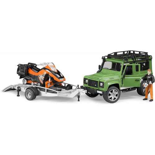  Bruder Toys Land Rover Defender w trailer snowmobile and DRIVER