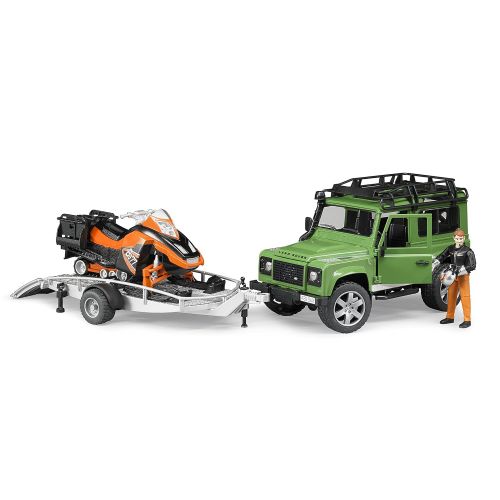  Bruder Toys Land Rover Defender w trailer snowmobile and DRIVER