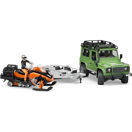  Bruder Toys Land Rover Defender w trailer snowmobile and DRIVER