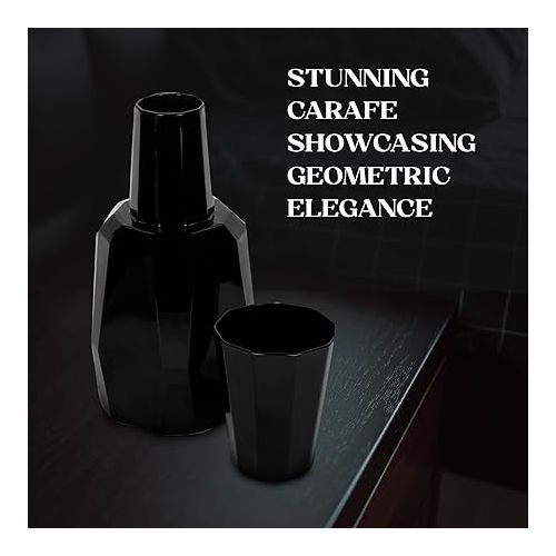  Bruno Magli Geo Black Carafe | 2-Pc Set | Drinking Glass Tumbler Doubles as a Lid | Elegant Nightstand Water Pitcher with Matching Cup for Office, Home, & Guest Room Decor | Gift Boxed | 37-Oz