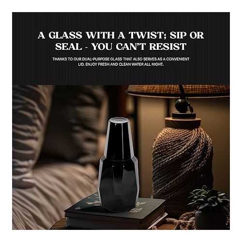  Bruno Magli Geo Black Carafe | 2-Pc Set | Drinking Glass Tumbler Doubles as a Lid | Elegant Nightstand Water Pitcher with Matching Cup for Office, Home, & Guest Room Decor | Gift Boxed | 37-Oz