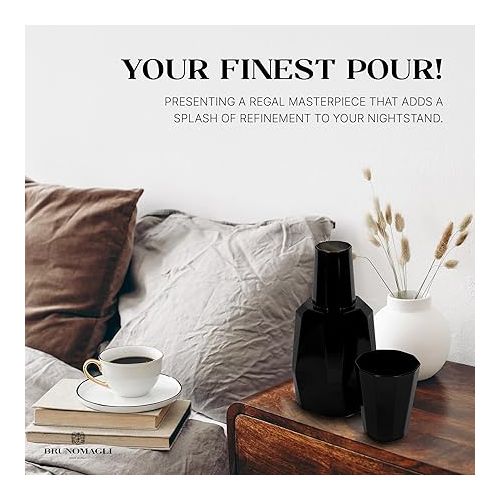  Bruno Magli Geo Black Carafe | 2-Pc Set | Drinking Glass Tumbler Doubles as a Lid | Elegant Nightstand Water Pitcher with Matching Cup for Office, Home, & Guest Room Decor | Gift Boxed | 37-Oz