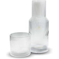 Bruno Magli Ribbed Carafe | 2-Pc Set | Drinking Glass Tumbler Doubles as a Lid | Elegant Nightstand Water Pitcher with Matching Cup for Office, Home, & Guest Room Decor | Gift Boxed (Clear)
