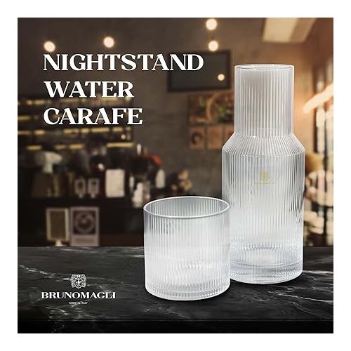  Bruno Magli Ribbed Carafe | 2-Pc Set | Drinking Glass Tumbler Doubles as a Lid | Elegant Nightstand Water Pitcher with Matching Cup for Office, Home, & Guest Room Decor | Gift Boxed (Clear)