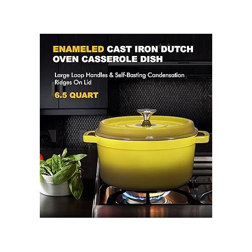  Enameled Cast Iron Dutch Oven Casserole Dish 6.5 quart Large Loop Handles and Self Basting Condensation Ridges On Lid (Olive Green Color)