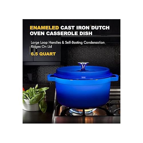  Bruntmor Pre-Seasoned 6.5 qt Enameled Cast Iron Round Dutch oven, 6.5 Quart Dutch Ovens Pot with Lid and Handle, Cast Iron Skillet, Heavy Duty Casserole Dish, Hand wash only, Duke Blue