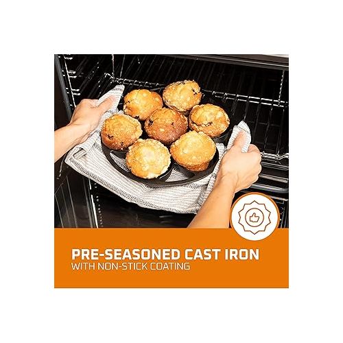  Bruntmor Premium Cast Iron 7-Cup Biscuit Pan, Large Muffin Pan, Round Kitchen Non Stick Baking Tool for Scones, Cornbread, Muffins, Cup Cakes and Brownies, Black