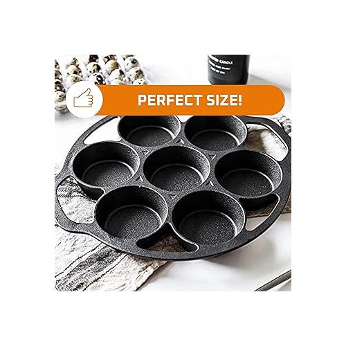  Bruntmor Premium Cast Iron 7-Cup Biscuit Pan, Large Muffin Pan, Round Kitchen Non Stick Baking Tool for Scones, Cornbread, Muffins, Cup Cakes and Brownies, Black