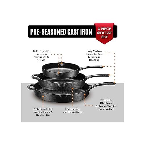  Bruntmor 8, 10 and 12 Inch Pre-Seasoned Frying Pan Set of 3, Oven Safe Skillet, Grill Pan Set, Nonstick Cookware with Side Drip Lips, Black