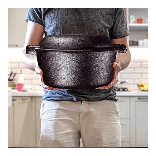  Bruntmor 2-in-1 Pre-Seasoned Cast Iron Dutch Oven With Handles - Crock Pot Black Cast Iron pot with Skillet lid - All-in-One Cookware Braising Pan for Casserole Dish - 5 Quart - Black