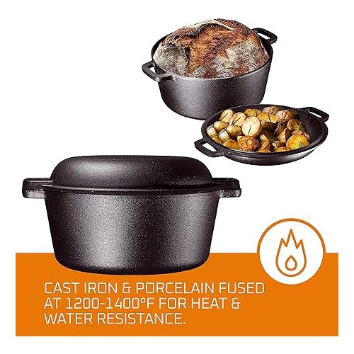  Bruntmor 2-in-1 Pre-Seasoned Cast Iron Dutch Oven With Handles - Crock Pot Black Cast Iron pot with Skillet lid - All-in-One Cookware Braising Pan for Casserole Dish - 5 Quart - Black