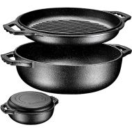 Bruntmor 2-in-1 Pre-Seasoned Cast Iron Dutch Oven with dual handles, Cocotte Double Braiser Pan with Grill Lid 3.3 Quarts - BBQ Grill, Fryer - Outdoor Cookware Set with Dual Handles, Camping,- Black