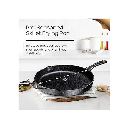  Bruntmor 12'' Black Pre-seasoned Cast Iron Frying Pan, 12 Inch Oven Safe Enameled Cast Iron Skillets | Cast Iron Skillets Grill Pan Set| Nonstick Cookware And Bakeware For Casserole Dish