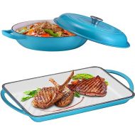 Enameled Cast Iron 2 Piece Gift Set, 3.8 Quart Braiser Pan with Lid, Rectangular Grill Pan Cookware Set, Marine Blue