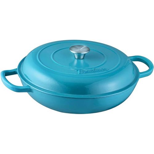  Enameled Cast Iron 2 Piece Gift Set, 3.8 Quart Braiser Pan with Lid, Rectangular Grill Pan Cookware Set, Marine Blue