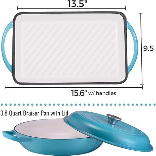  Enameled Cast Iron 2 Piece Gift Set, 3.8 Quart Braiser Pan with Lid, Rectangular Grill Pan Cookware Set, Marine Blue